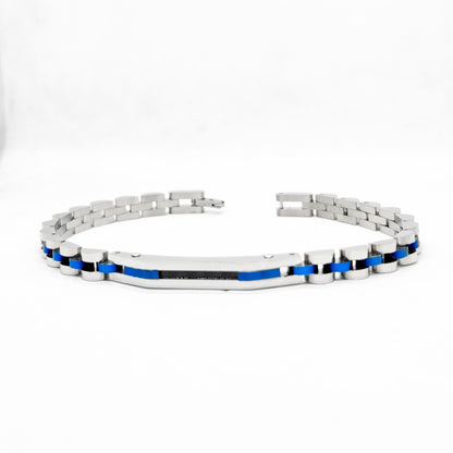 Stainless steel link bracelet with alternating blue and silver bead segments