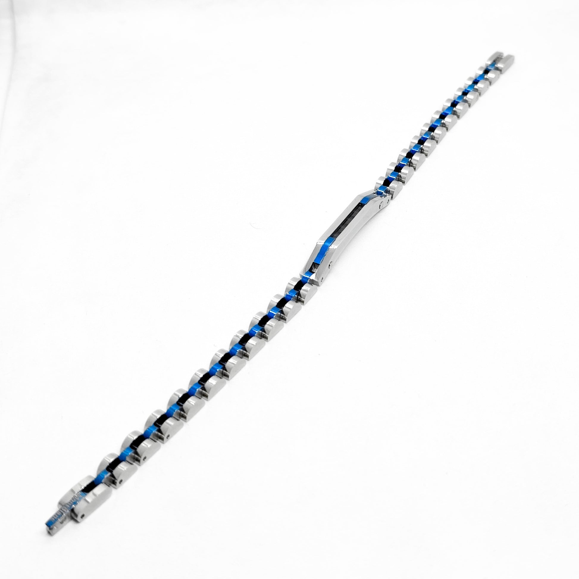 Close-up of stainless steel bracelet bar with alternating blue and silver beads