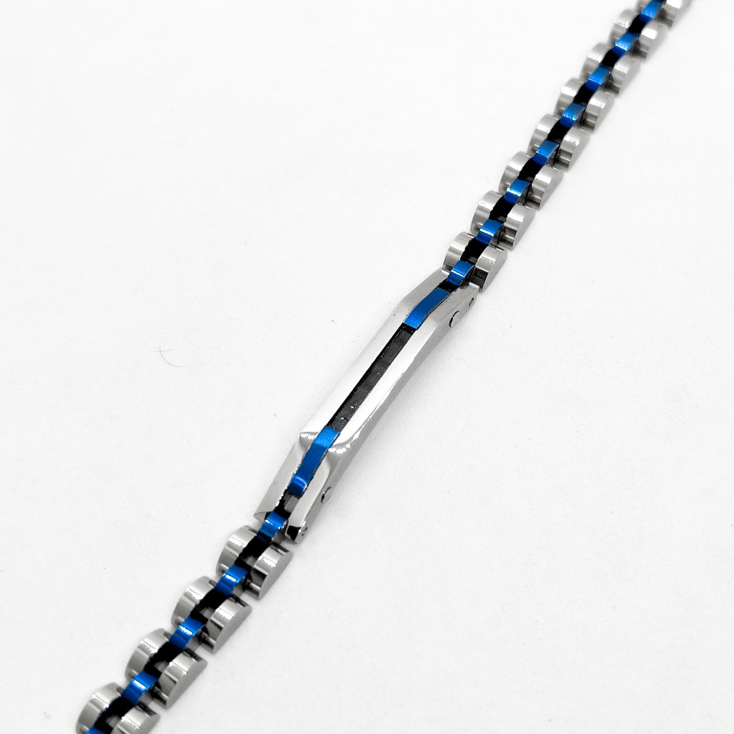 Side view close-up: stainless steel link bracelet with blue stripe insert