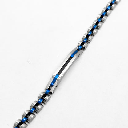 Side view close-up: stainless steel link bracelet with blue stripe insert