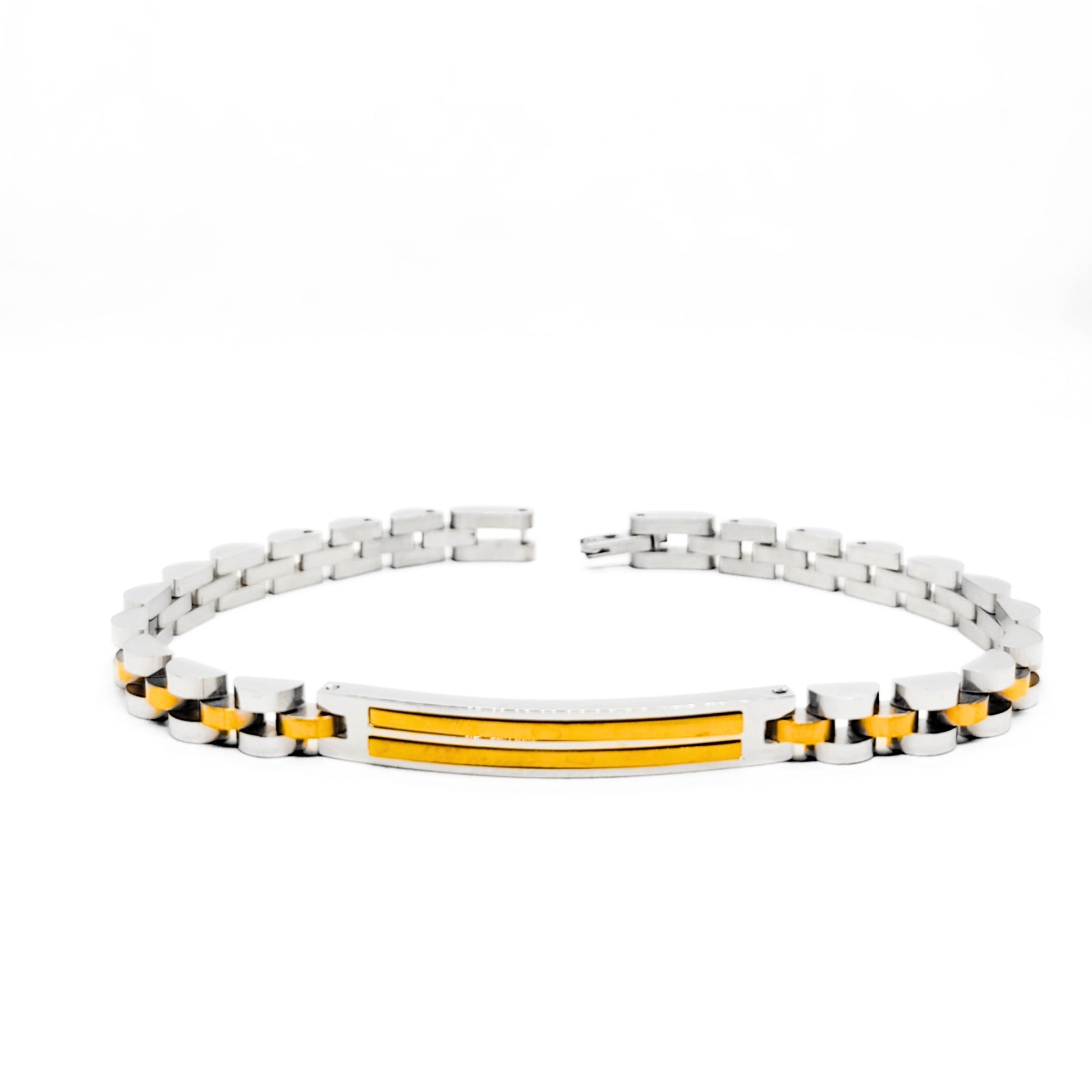 Stainless steel bracelet with gold end caps and amber stripe center, front view
