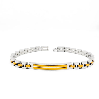 Stainless steel bracelet with gold end caps and amber stripe center, front view