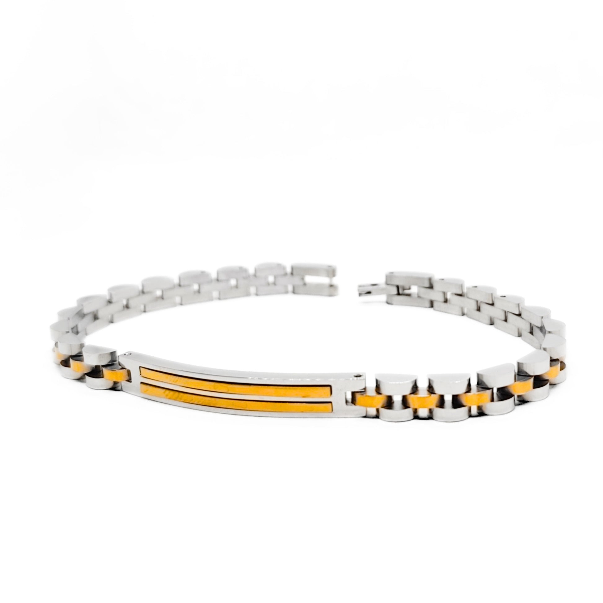 Stainless steel curb-link bracelet with gold inlays and amber stripe detail