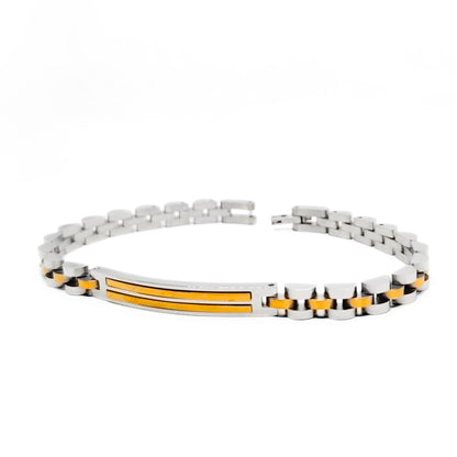 Stainless steel curb-link bracelet with gold inlays and amber stripe detail