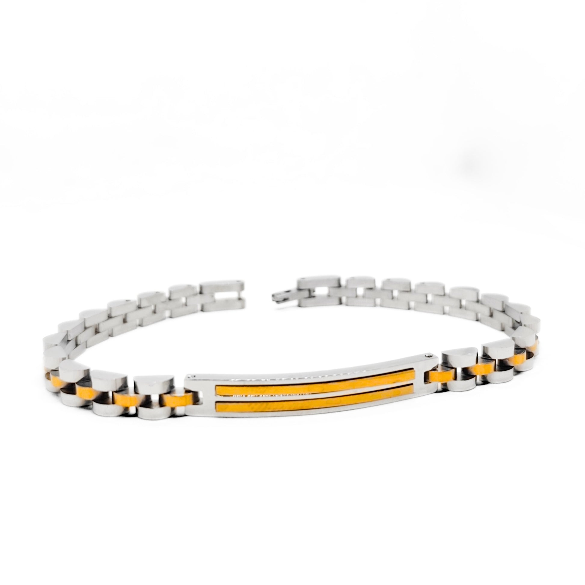 Gold-and-silver stainless steel bracelet with amber stripe and segmented center plate