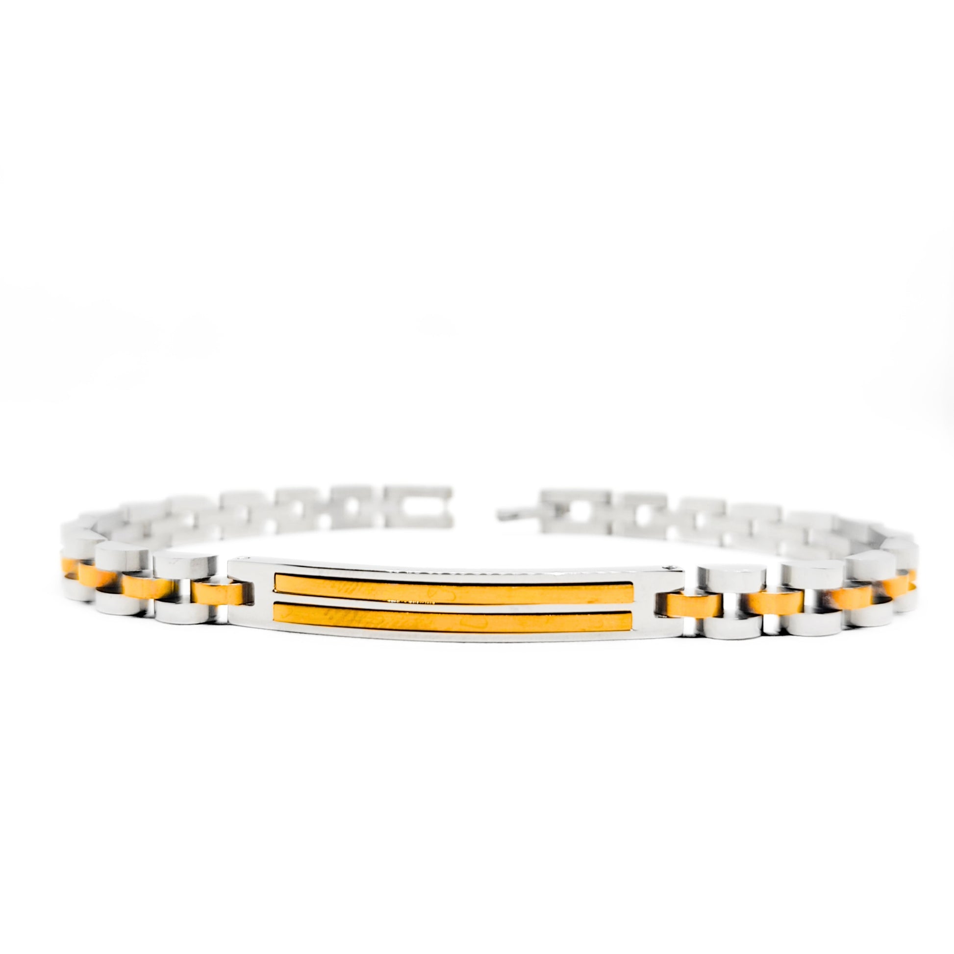 Men's stainless steel bracelet with gold accents and amber center stripe, link clasp