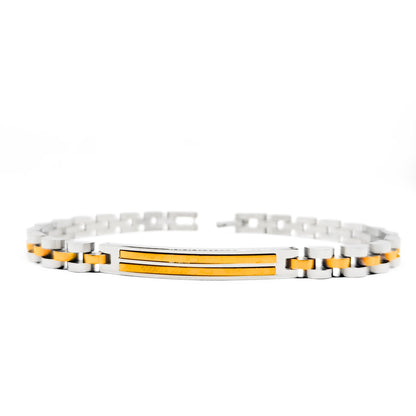 Men's stainless steel bracelet with gold accents and amber center stripe, link clasp