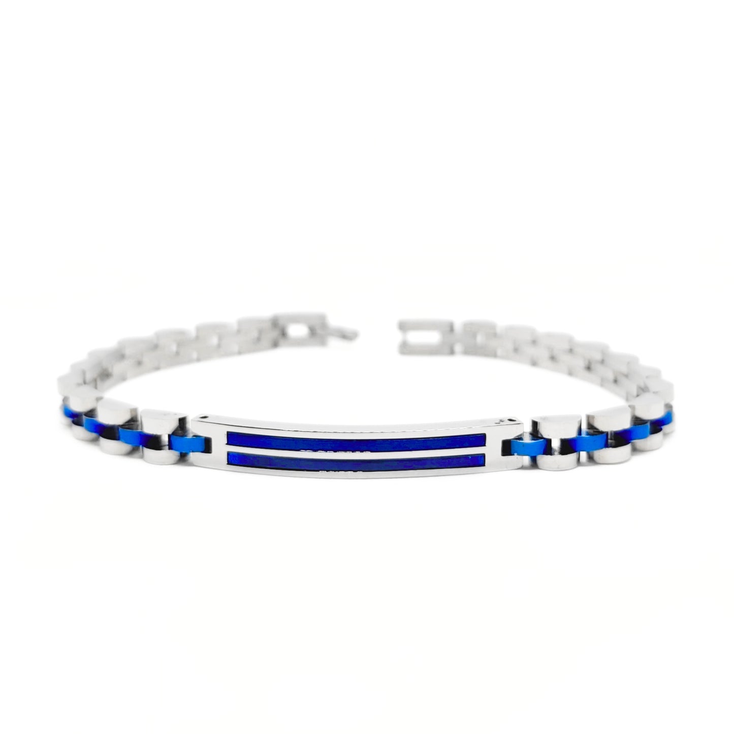 Stainless steel bracelet with blue inlay center stripe and silver link bracelet band