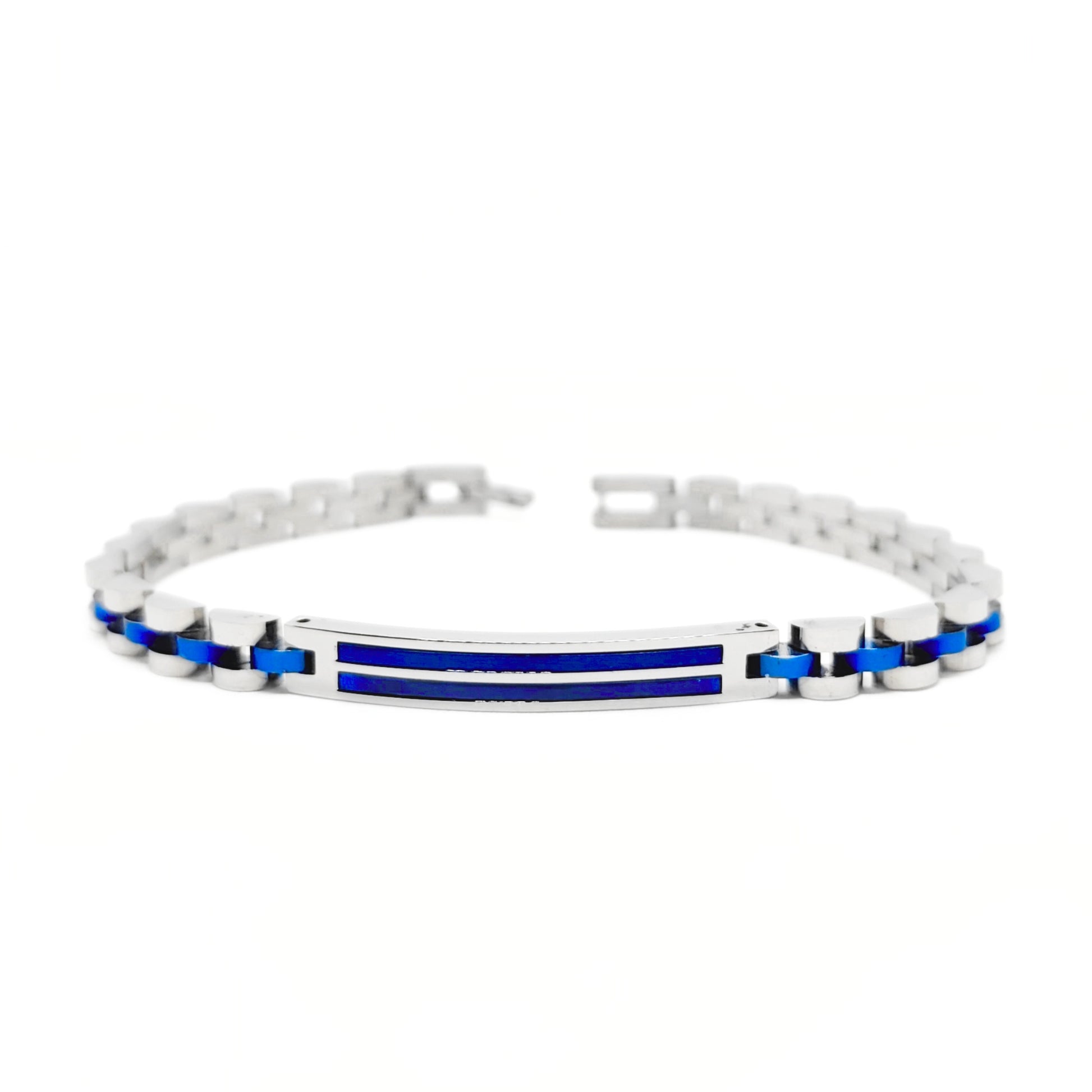 Stainless steel bracelet with blue inlay center stripe and silver link bracelet band