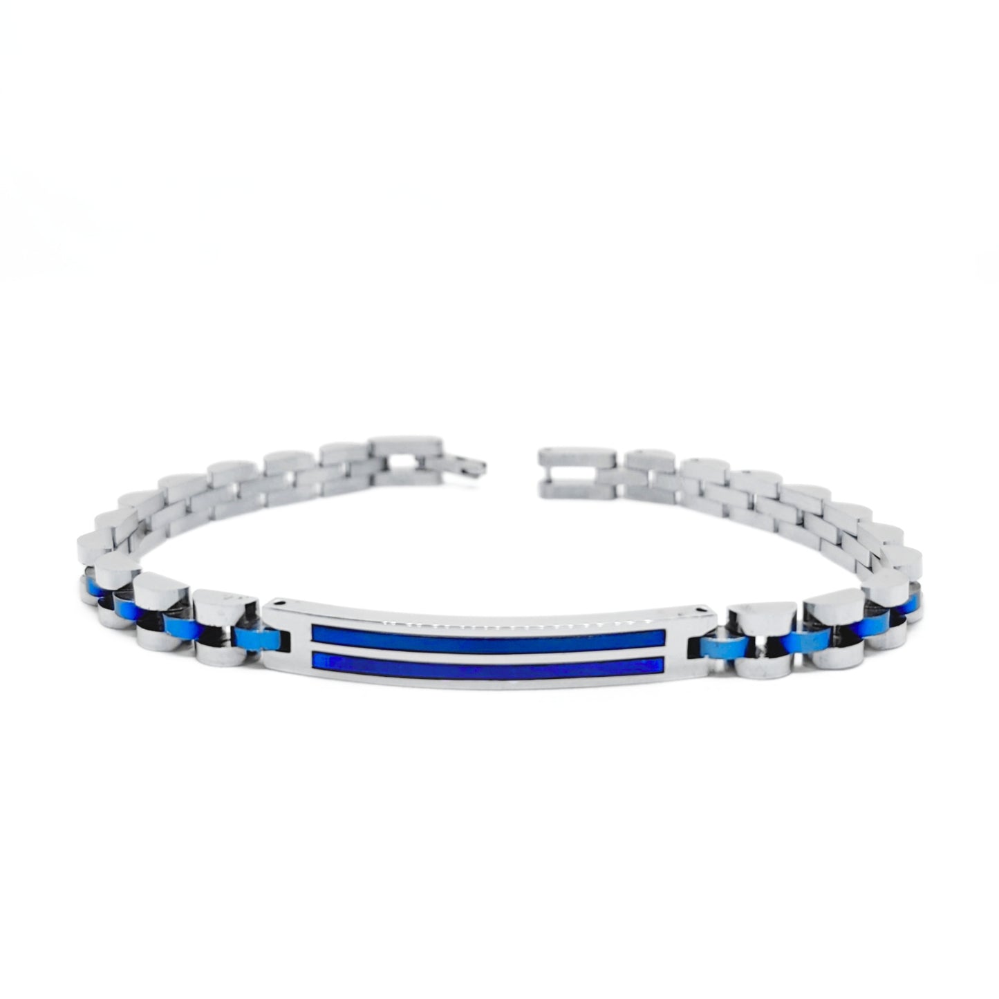 Men's stainless steel bracelet with blue inlay stripe and silver-tone link chain