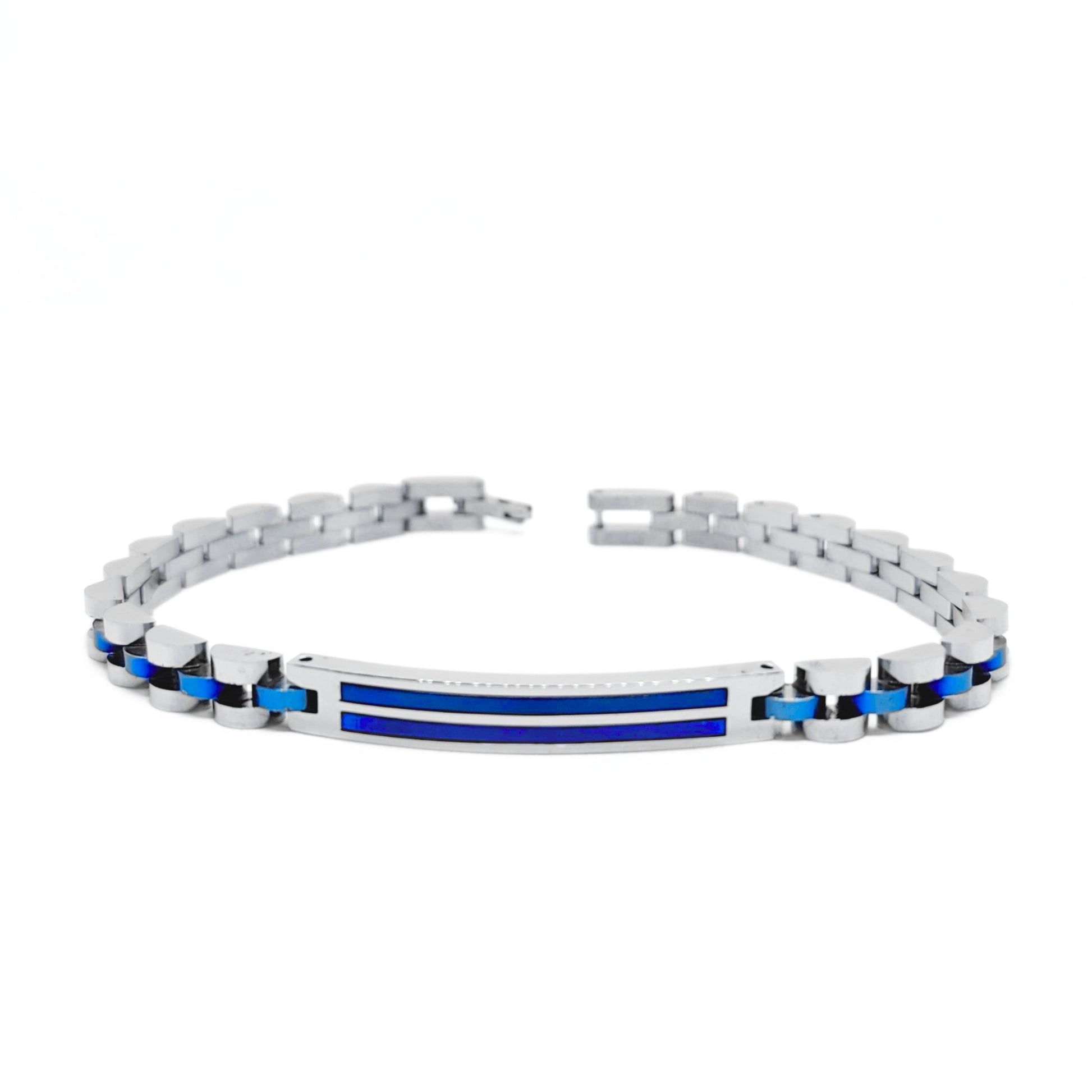 Men's stainless steel bracelet with blue inlay stripe and silver-tone link chain
