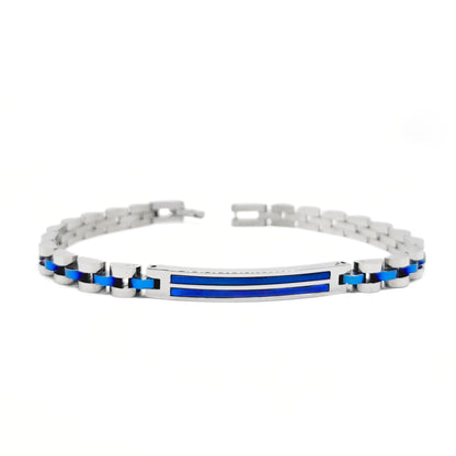Stainless steel bracelet with blue inlay center bar and silver-tone chain links