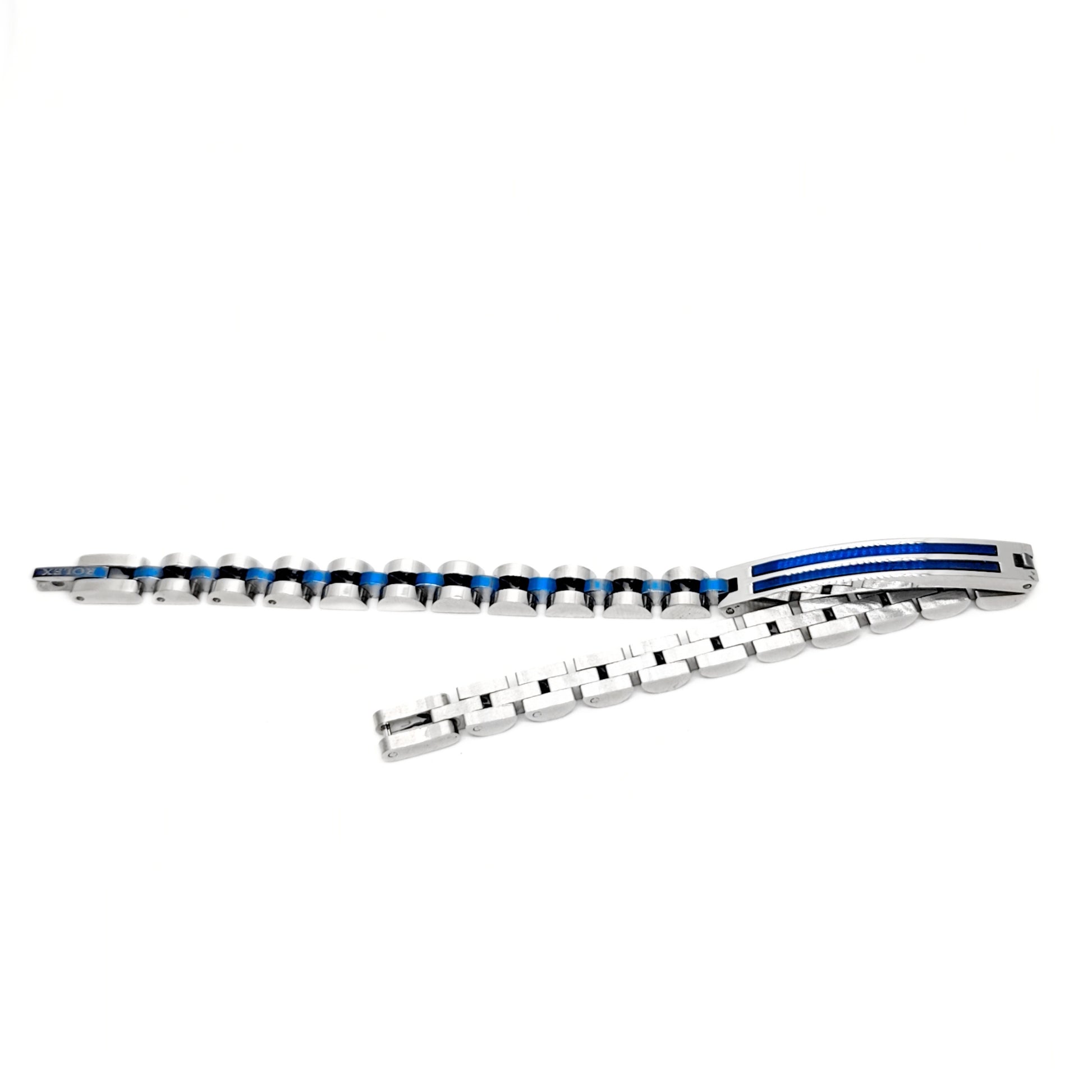 Silver-tone stainless steel bracelet with blue inlay bar and hinged clasp detail