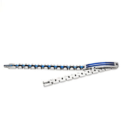 Silver-tone stainless steel bracelet with blue inlay bar and hinged clasp detail