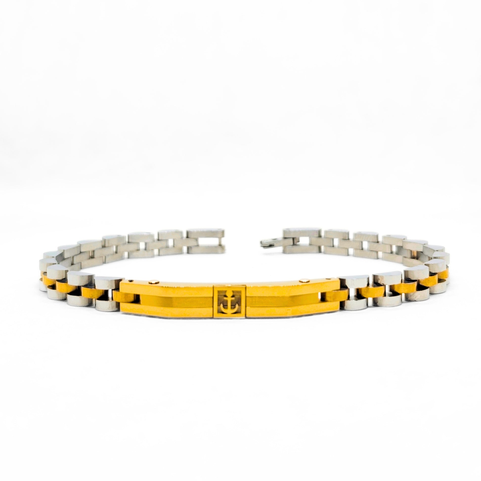 Two-tone stainless steel anchor bracelet with gold center bar and silver rectangular links