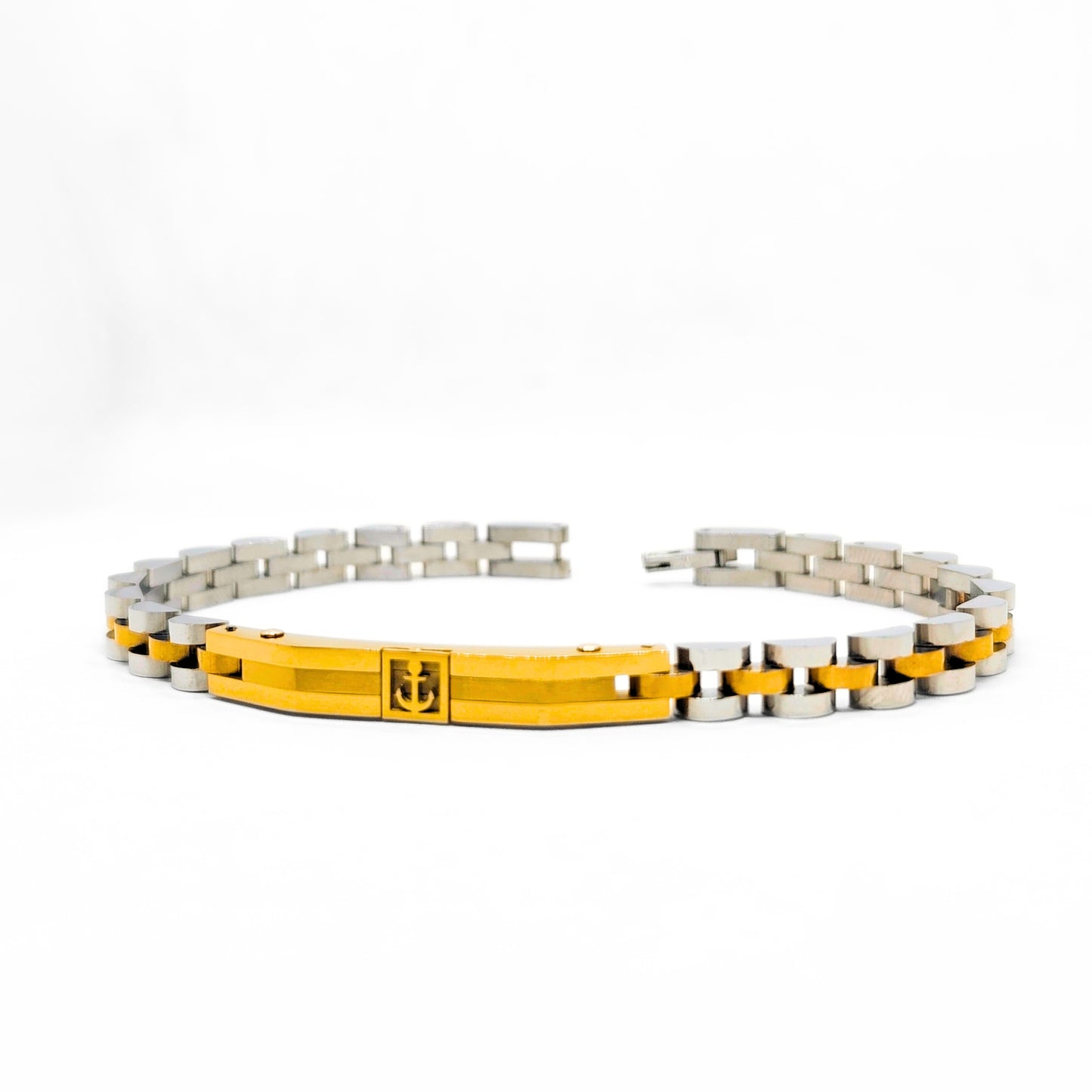 Two-tone stainless steel anchor bracelet with gold center bar and silver link chain