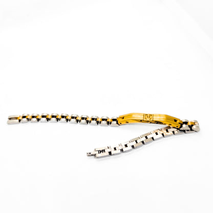 Two-tone stainless steel anchor bracelet shown with clasp and interlocking silver links