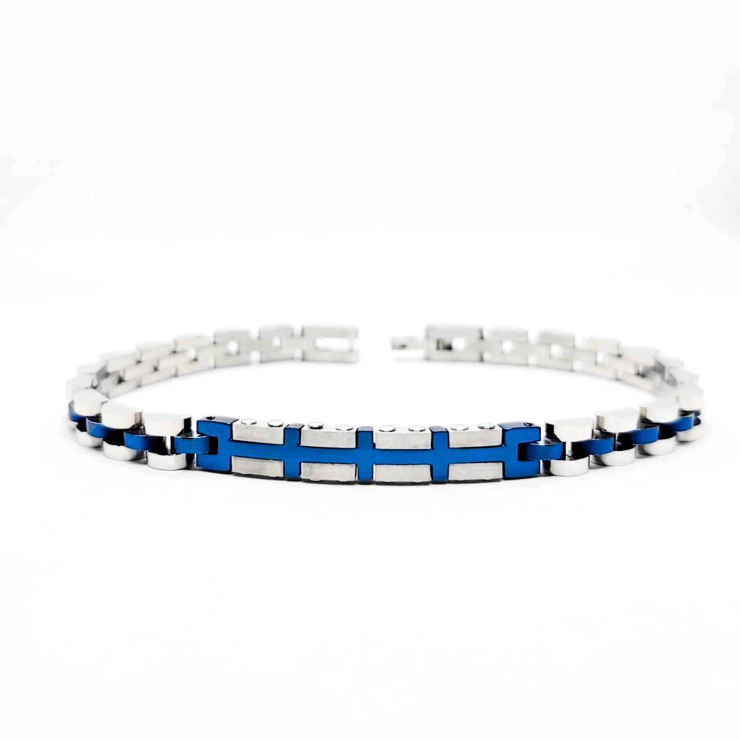 Elegant Silver & Blue Stainless Steel B-132 Bracelet for men, featuring a sleek design with alternating silver and blue links