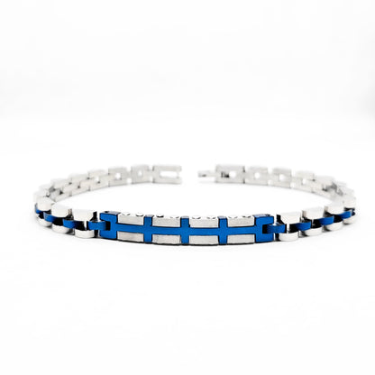 Elegant Silver & Blue Stainless Steel B-132 Bracelet for men, featuring a sleek design with alternating silver and blue links