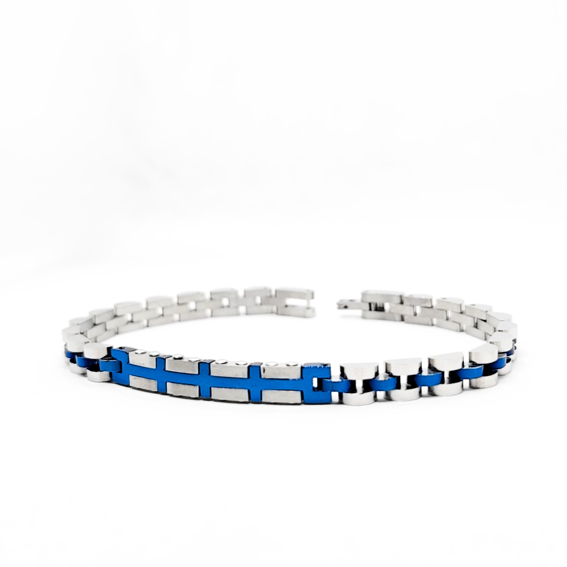 Elegant Silver & Blue Stainless Steel B-132 Bracelet by Overpowered Accessories, featuring a sleek design with alternating bl