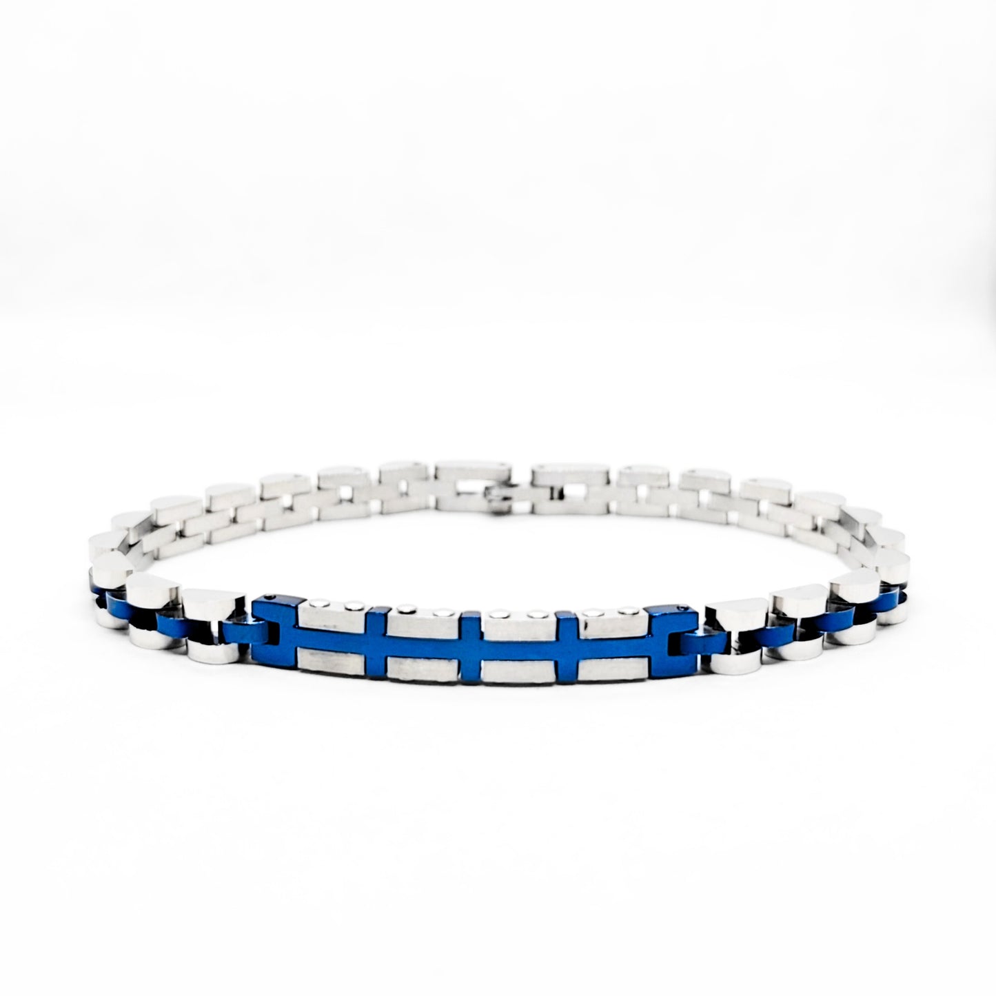 Elegant Silver & Blue Stainless Steel B-132 Bracelet for men, featuring a sleek design with alternating silver and blue links