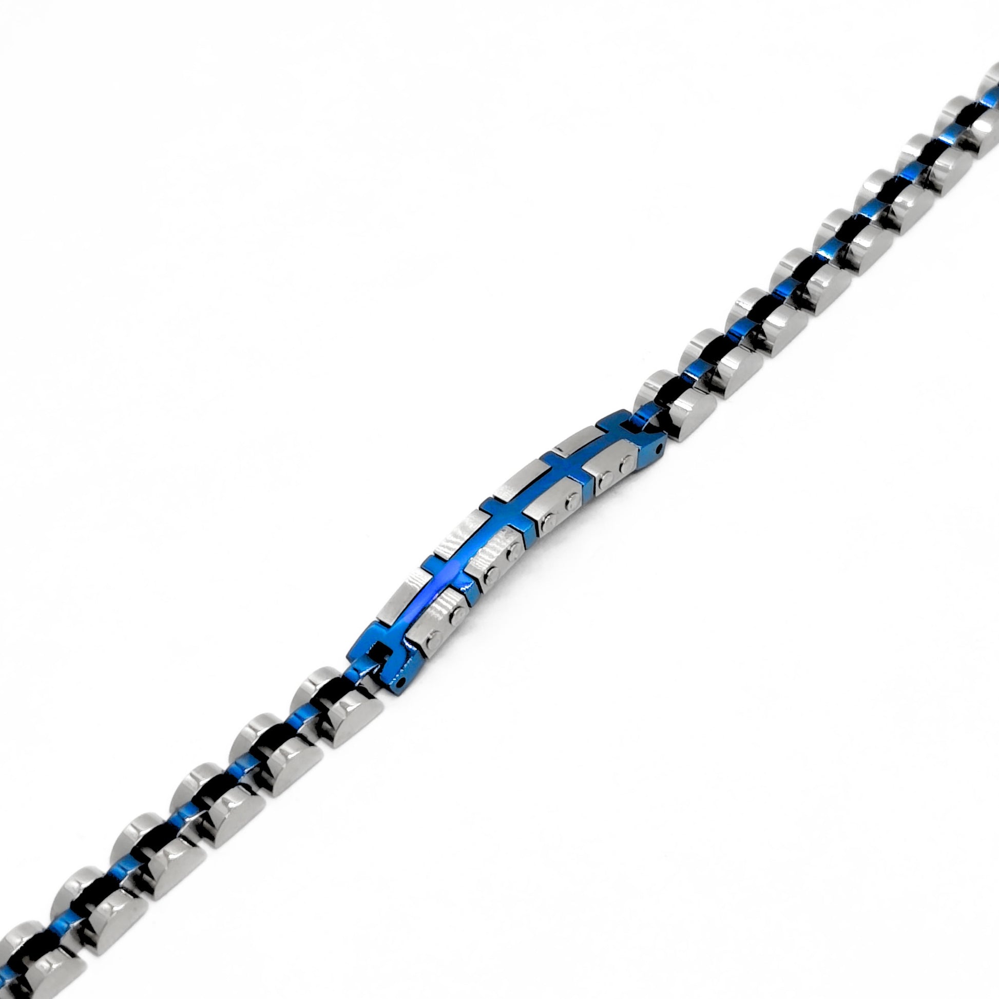 Elegant Silver & Blue Stainless Steel B-132 Bracelet by Overpowered Accessories, featuring a sleek design with alternating co
