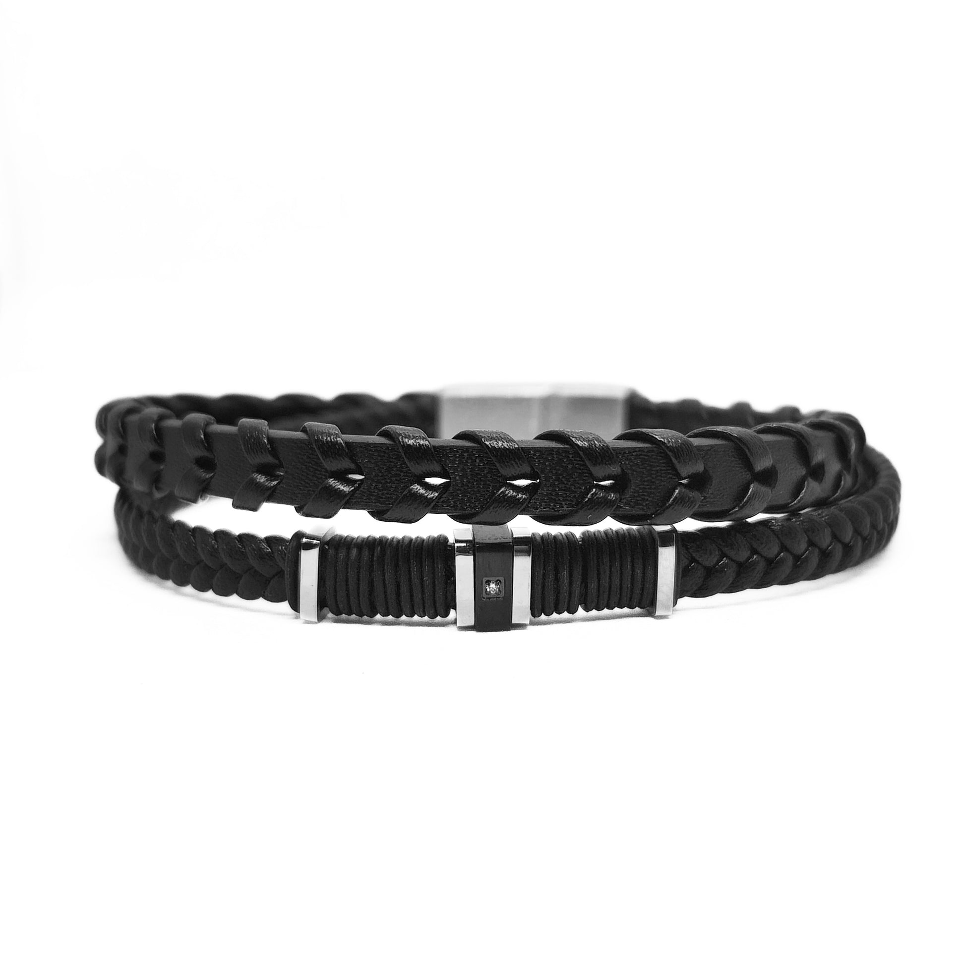 Men's braided leather bracelet with silver-tone rectangular center clasp and black weave
