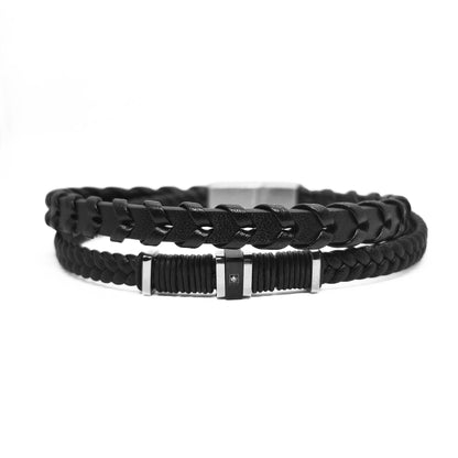 Men's braided leather bracelet with silver-tone rectangular center clasp and black weave