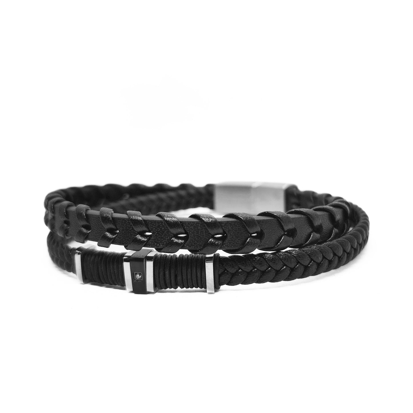 Men's braided leather bracelet, black woven layers with silver-tone clasp bar