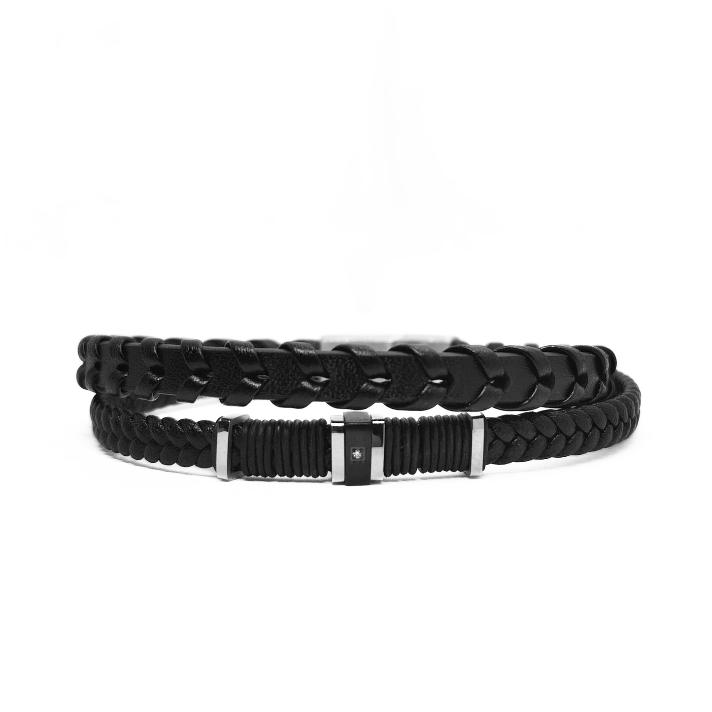 Men's braided leather bracelet with black rope weave and silver-tone buckle clasp