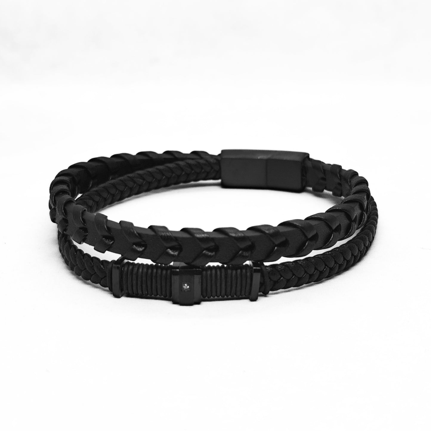 Men's black braided leather bracelet with rectangular clasp and braided texture
