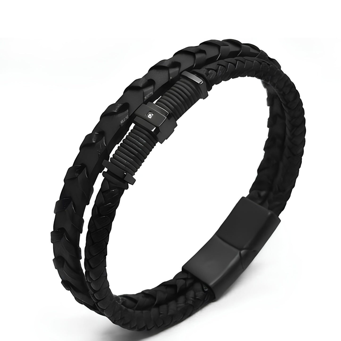 Men's black braided leather bracelet shown at angle with matte rectangular clasp