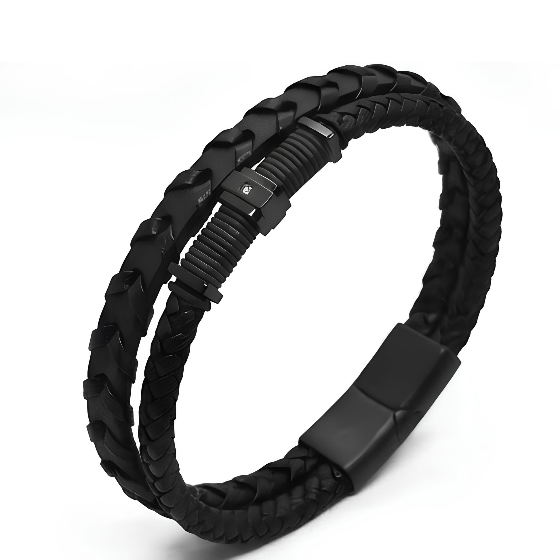 Men's black braided leather bracelet shown at angle with matte rectangular clasp