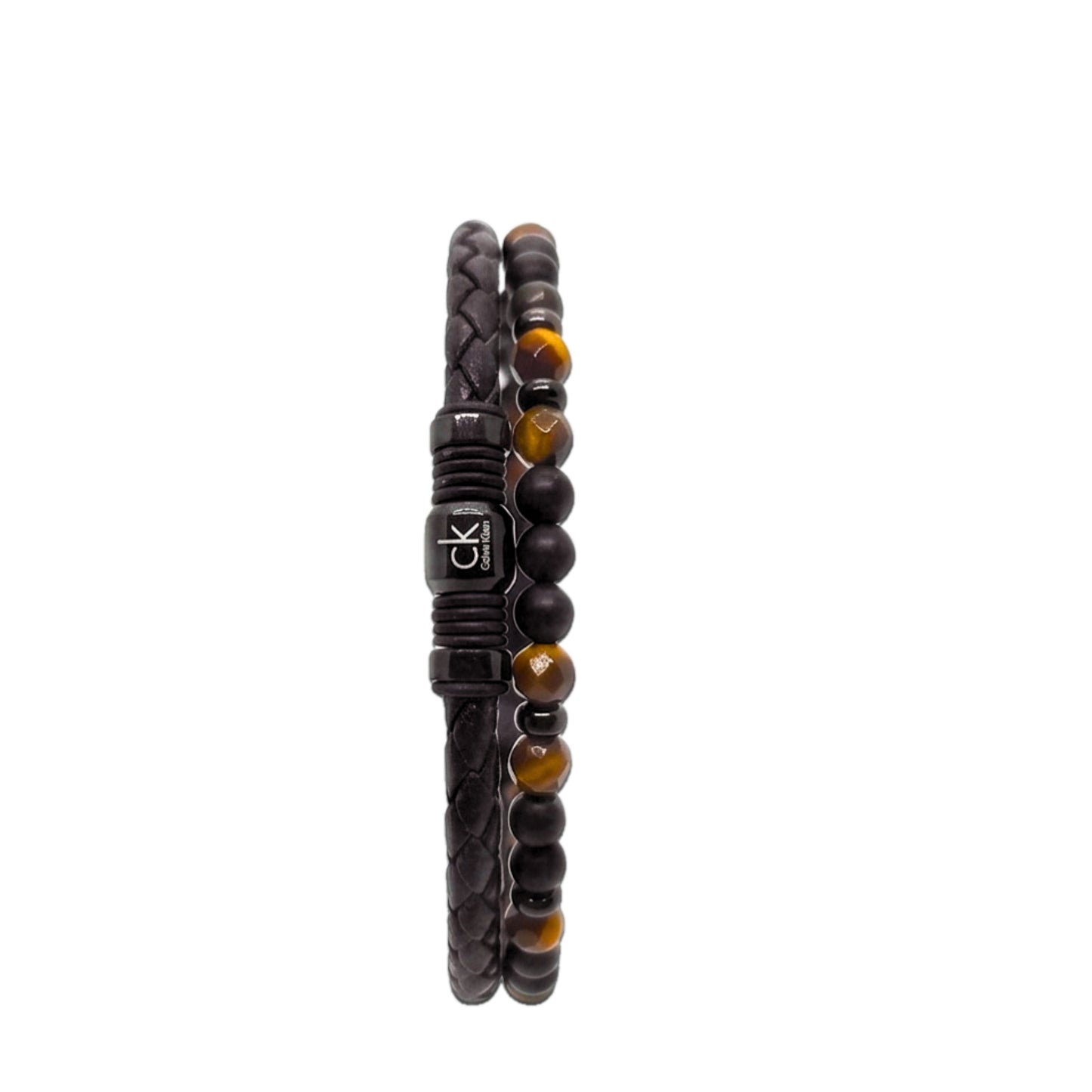 Stacked leather bracelet with black onyx beads and tiger eye spheres, CK logo clasp
