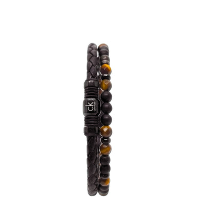 Stacked leather bracelet with black onyx beads and tiger eye spheres, CK logo clasp