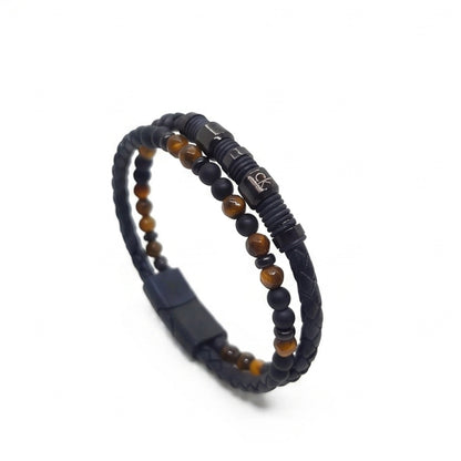 Braided leather bracelet with tiger eye and black beads, ribbed black clasp segment