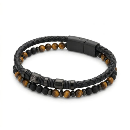 Men's leather beaded bracelet with tiger eye and black onyx, snap clasp with CK logo