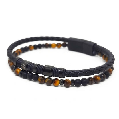 Leather beaded bracelet with black onyx and tiger eye beads, black rectangular clasp