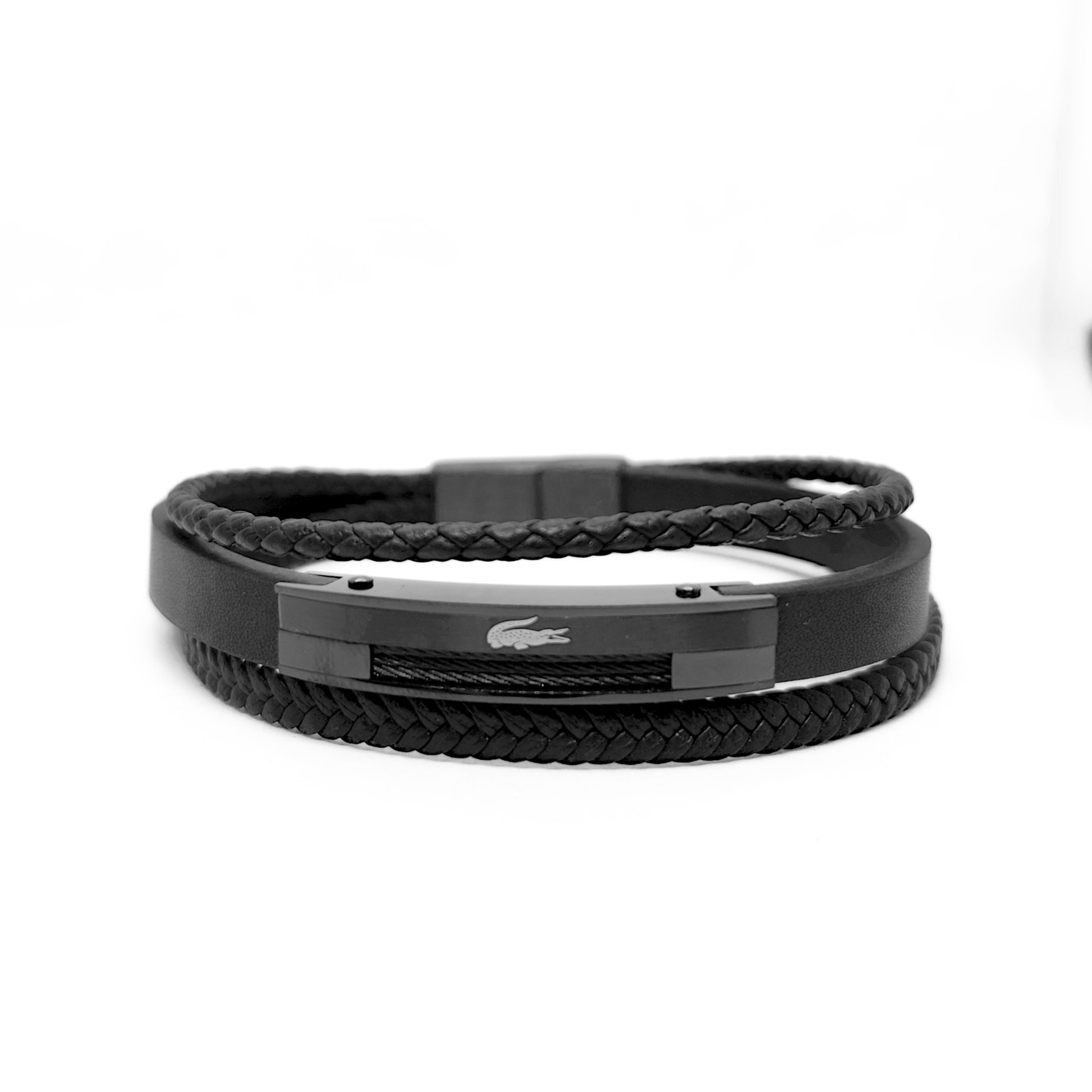 Black braided leather wrap bracelet with rectangular metal clasp and small logo