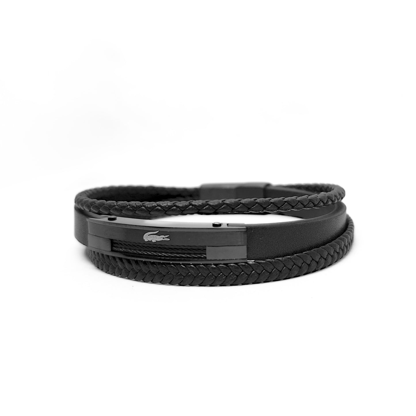 Black multi-strand leather wrap bracelet with rectangular metal clasp and small logo