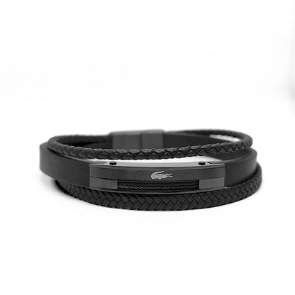 Black layered leather bracelet with woven texture and rectangular metal center clasp