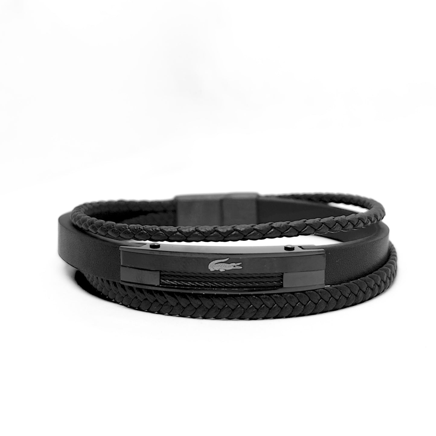 Black multi-strand leather bracelet with rectangular clasp plate and small logo