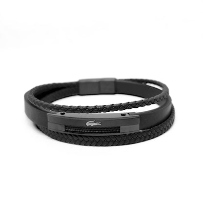 Black leather wrap bracelet with braided edges and rectangular metal clasp plate
