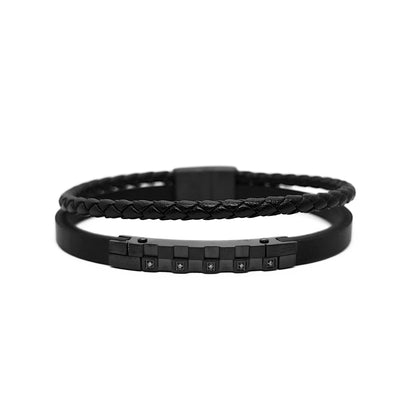 Men's black leather bracelet, braided leather band with dark rectangular stud and zircon row.
