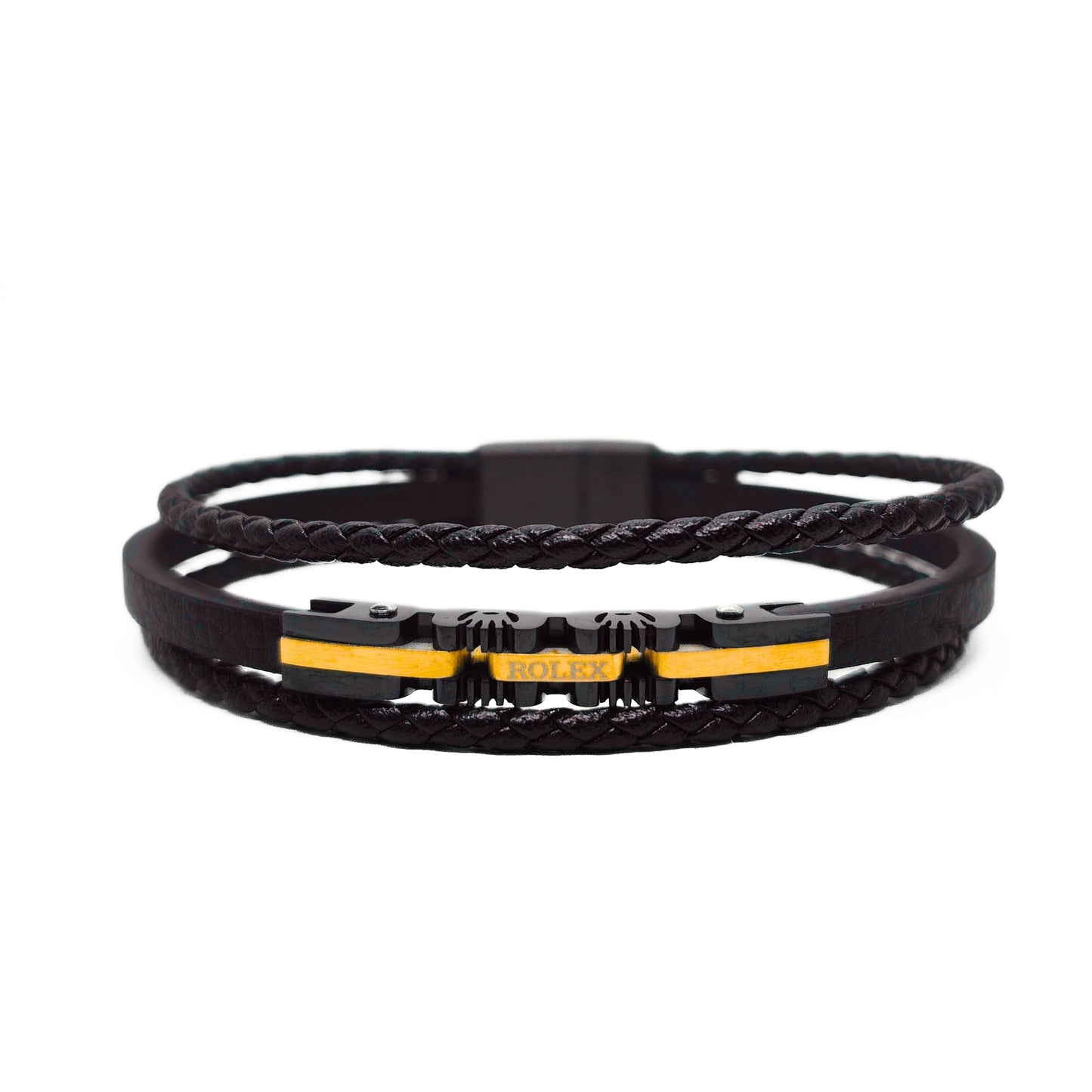Black braided leather bracelet with gold-tone accents and clasp, men's