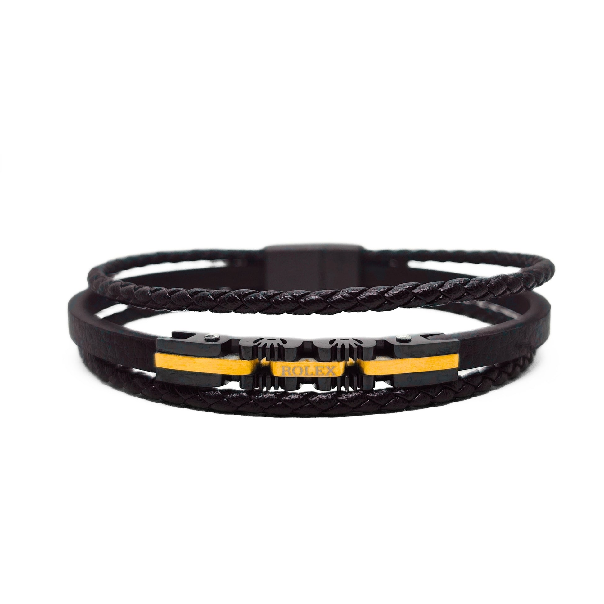 Black braided leather bracelet with gold-tone accents and clasp, men's
