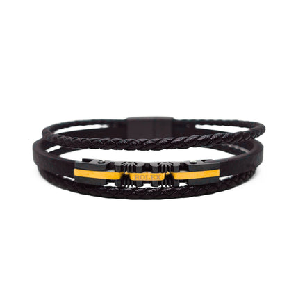 Black braided leather bracelet with gold-tone accents and clasp, men's
