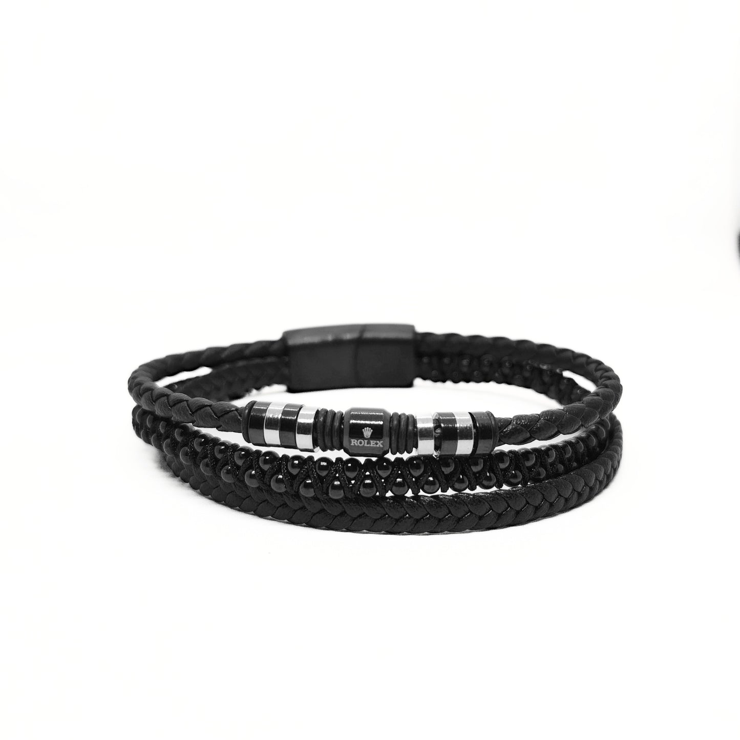 Men's black leather wrap bracelet with braided texture and striped metal bead center