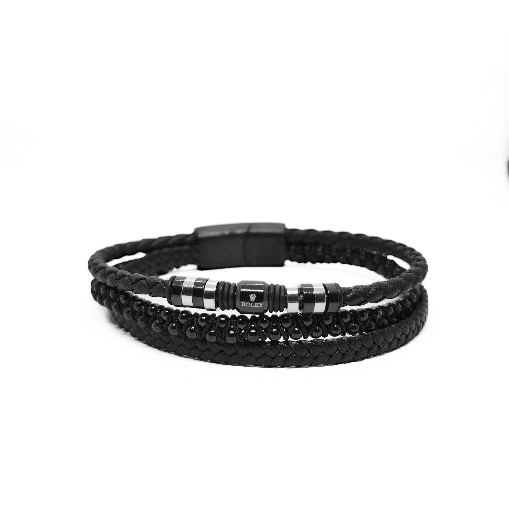 Men's black leather wrap bracelet with braided texture and striped metal bead center