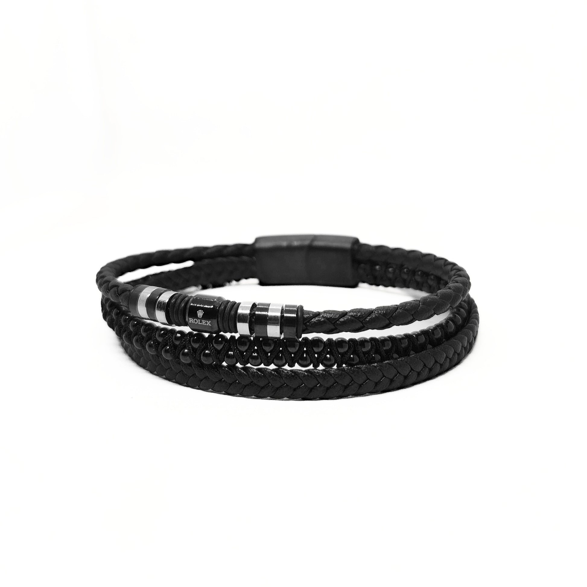 Men's black leather wrap bracelet with braided texture and striped metal bead centerpiece